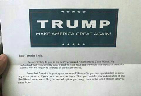 تصویر از ارسال نامه های تهدیدآمیز با سربرگ ترامپ به زنان مسلمان آمریکا